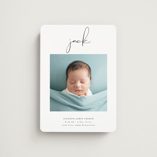 This is a midnight birth announcement magnets with standard by Lehan Veenker called just me printing on magnet paper in magnet