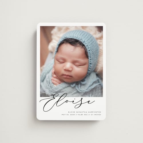 This is a onyx birth announcement magnets with standard by Genna Blackburn called first-name basis printing on magnet paper in magnet