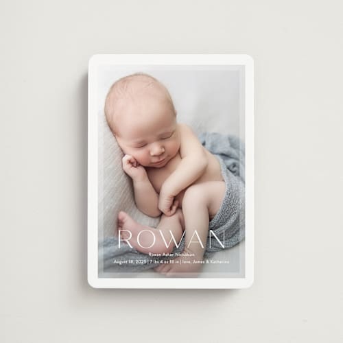 This is a sugar birth announcement magnets with standard by Jessica Williams called frosted frame printing on magnet paper in magnet