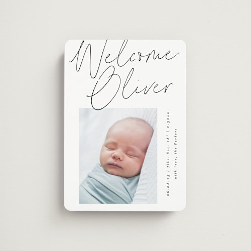This is a noir birth announcement magnets with standard by AK Graphics called simply printing on magnet paper in magnet