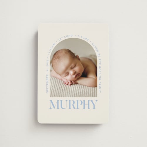 This is a bluebird day birth announcement magnets with standard by Baumbirdy called type arch printing on magnet paper in magnet