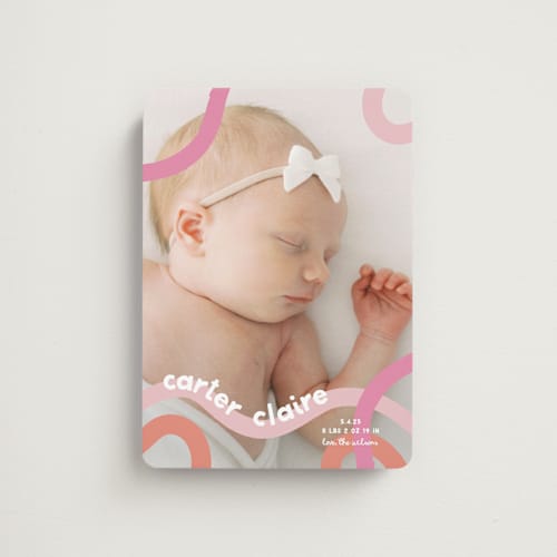This is a peach sherbet birth announcement magnets with standard by Lauren Chism called wiggle worm printing on magnet paper in magnet