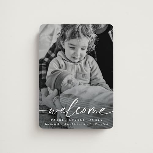 This is a cloud birth announcement magnets with standard by Susan Asbill called little welcome printing on magnet paper in magnet