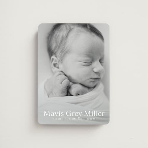 This is a snow birth announcement magnets with standard by Bramble Studio called simple in serif printing on magnet paper in magnet