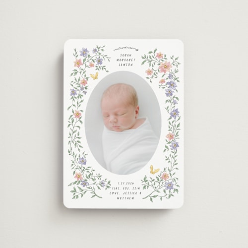 This is a garden birth announcement magnets with standard by Grae called tiny flowers printing on magnet paper in magnet
