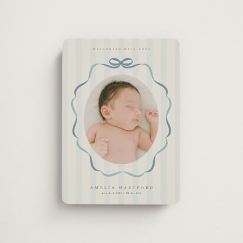 This is a lagoon birth announcement magnets with standard by Lori Wemple called bows and stripes printing on magnet paper in magnet