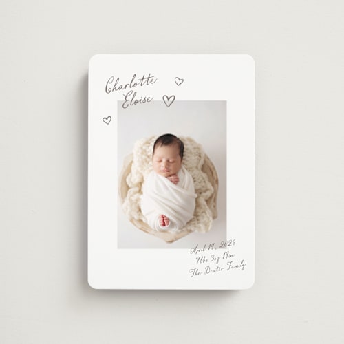 This is a sand birth announcement magnets with standard by Pixel and Hank called written printing on magnet paper in magnet