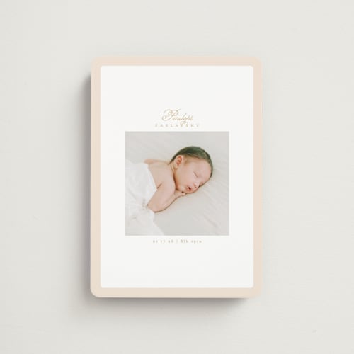 This is a peachy birth announcement magnets with standard by Phrosné Barwood called soft frame printing on magnet paper in magnet