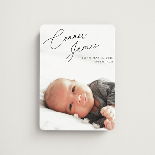 This is a obsidian birth announcement magnets with standard by Kaydi Bishop called on the horizon printing on magnet paper in magnet