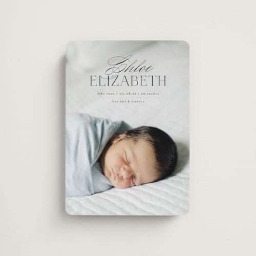 This is a classic birth announcement magnets with standard by Kelly Schmidt called formal script announcement printing on magnet paper in magnet