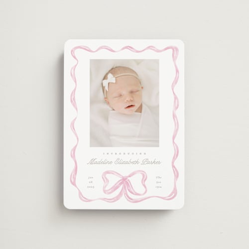 This is a peony birth announcement magnets with standard by Creo Study called squiggle bow printing on magnet paper in magnet