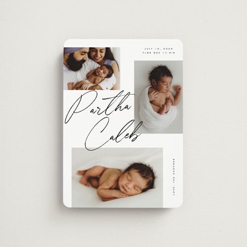 This is a charcoal birth announcement magnets with standard by Michelle Taylor called scattered trio printing on magnet paper in magnet