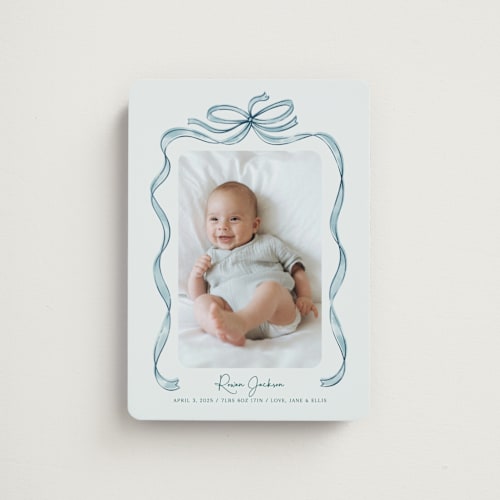 This is a mint birth announcement magnets with standard by Paper Sun Studio called tied together printing on magnet paper in magnet
