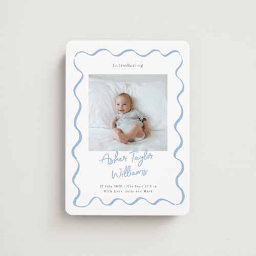 This is a dusty blue birth announcement magnets with standard by Cass Loh called handdrawn wavy frame printing on magnet paper in magnet