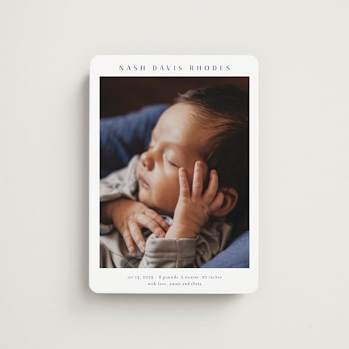 This is a cobalt birth announcement magnets with standard by Stacey Meacham called simple name printing on magnet paper in magnet