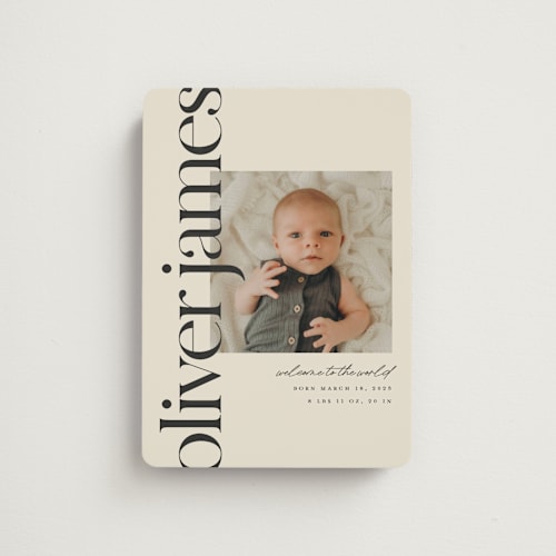 This is a cream birth announcement magnets with standard by Ellen Schlegelmilch called editorial printing on magnet paper in magnet