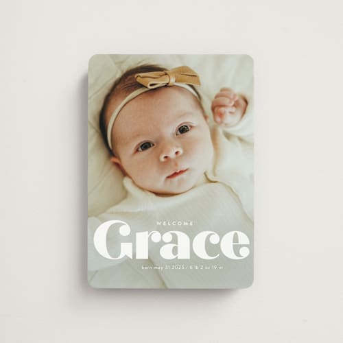 This is a pearl birth announcement magnets with standard by Lori Wemple called name printing on magnet paper in magnet