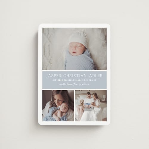 This is a bluebell birth announcement magnets with standard by Vanessa Doyle called color block printing on magnet paper in magnet