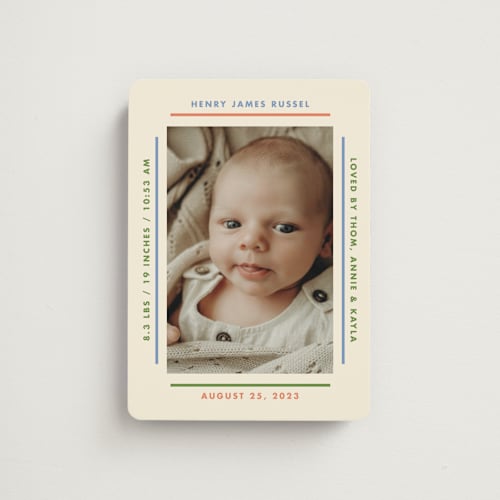 This is a halo birth announcement magnets with standard by Baumbirdy called framework printing on magnet paper in magnet