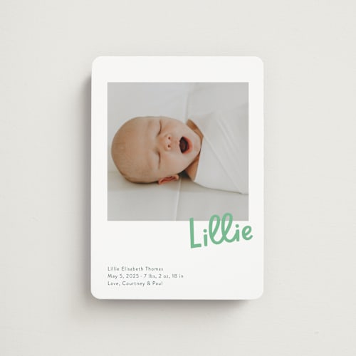 This is a clover birth announcement magnets with standard by Megan Davis called jolly good printing on magnet paper in magnet