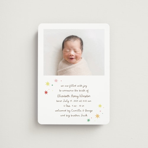 This is a strawberry birth announcement magnets with standard by Megan Davis called constellation printing on magnet paper in magnet