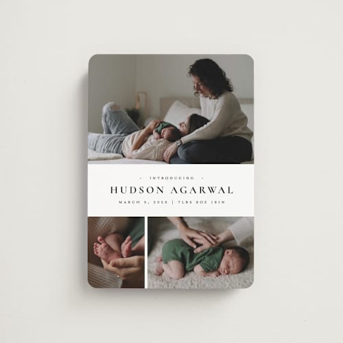 This is a noir birth announcement magnets with standard by Wildfield Paper Co called quartzite printing on magnet paper in magnet