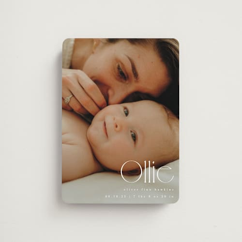 This is a cotton birth announcement magnets with standard by Kristie Kern called ollie printing on magnet paper in magnet