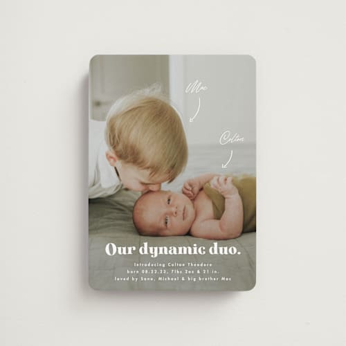 This is a cotton birth announcement magnets with standard by Corinne Malesic called dynamic duo printing on magnet paper in magnet
