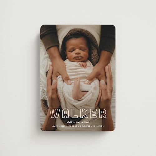 This is a powder birth announcement magnets with standard by Sara Hicks Malone called snug printing on magnet paper in magnet