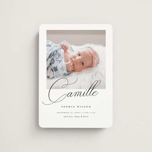 This is a ebony birth announcement magnets with standard by Benita Crandall called the script printing on magnet paper in magnet