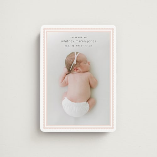 This is a baby blush birth announcement magnets with standard by Carolyn MacLaren called scalloped border printing on magnet paper in magnet