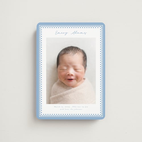 This is a sky birth announcement magnets with standard by Nicole Walsh called stitched frame printing on magnet paper in magnet