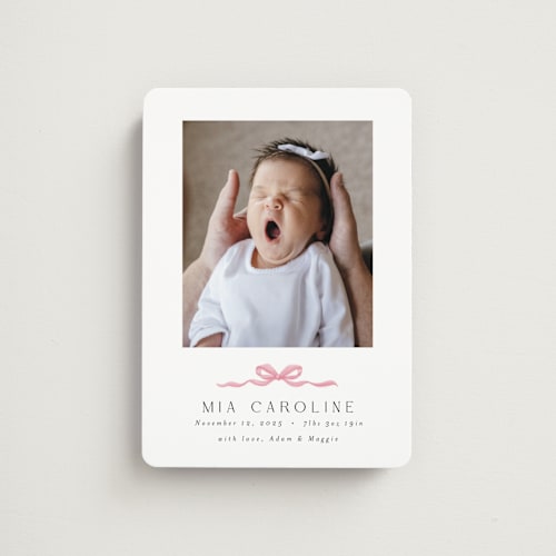 This is a cotton candy birth announcement magnets with standard by Paula Pecevich called sweet bow printing on magnet paper in magnet