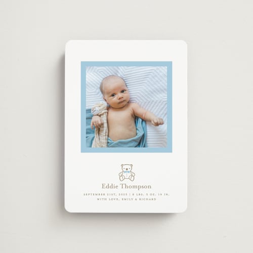 This is a baby birth announcement magnets with standard by mo kelley called teddy printing on magnet paper in magnet