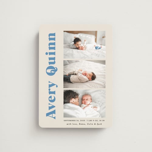 This is a blueberry birth announcement magnets with standard by Benita Crandall called moderne bébé printing on magnet paper in magnet