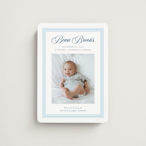 This is a baby blue birth announcement magnets with standard by Alston Foster called little darling printing on magnet paper in magnet