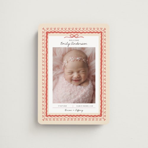 This is a latte birth announcement magnets with standard by Kartika Paramita called vintage love bow printing on magnet paper in magnet
