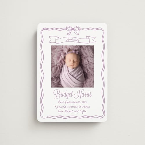 This is a lavander birth announcement magnets with standard by Cass Loh called bow frame printing on magnet paper in magnet
