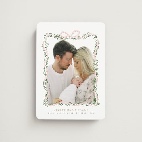 This is a blush birth announcement magnets with standard by Itsy Belle Studio called ribbonly frame printing on magnet paper in magnet