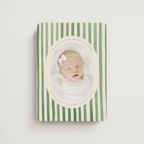 This is a candy apple birth announcement magnets with standard by Teju Reval called vintage stripes printing on magnet paper in magnet