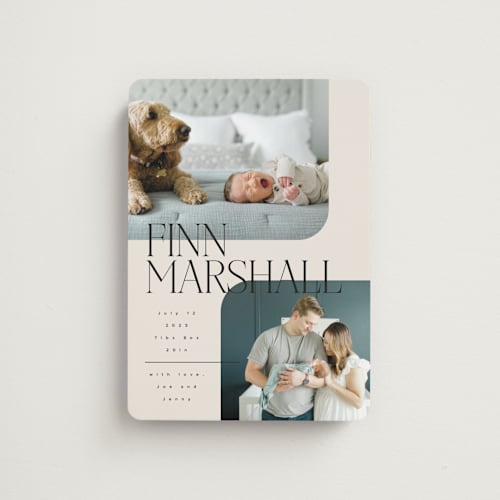 This is a linen birth announcement magnets with standard by Kelly Schmidt called happy overlay printing on magnet paper in magnet