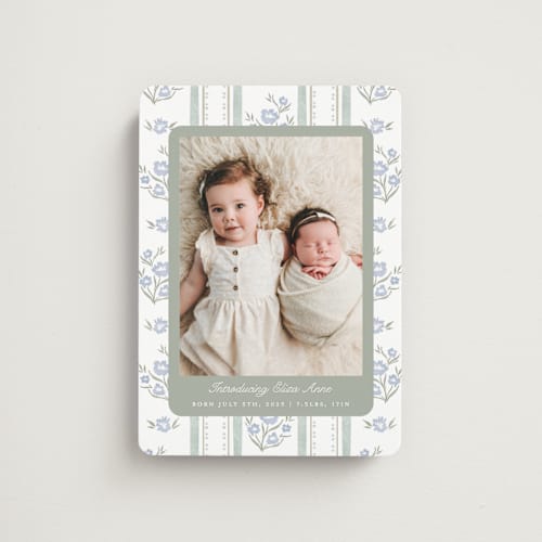 This is a periwinkle birth announcement magnets with standard by Jackie Crawford called cottage watercolor ribbon printing on magnet paper in magnet