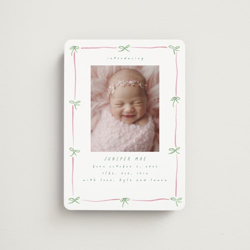 This is a candy birth announcement magnets with standard by Susan Zinader called preppy bow border printing on magnet paper in magnet