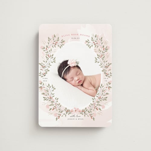 This is a blush birth announcement magnets with standard by Susan Moyal called sweet floral vine printing on magnet paper in magnet