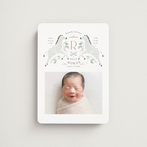 This is a seafoam birth announcement magnets with standard by Griffinbell Paper Co. called hearts and stripes printing on magnet paper in magnet