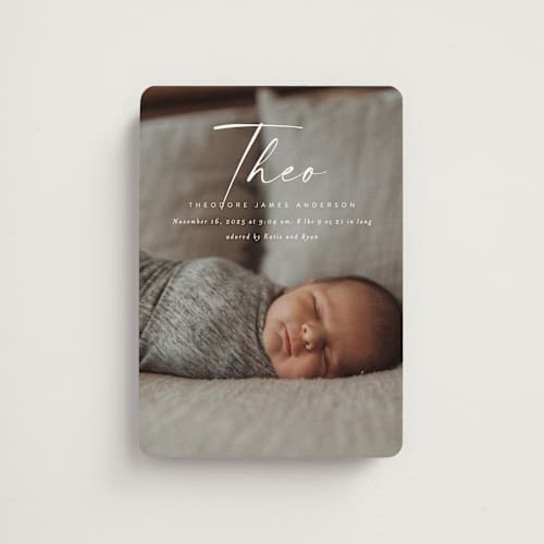 This is a linen birth announcement magnets with standard by Kasia Labocki called complete printing on magnet paper in magnet