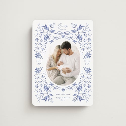 This is a bluebird birth announcement magnets with standard by Susan Zinader called daisy toile printing on magnet paper in magnet