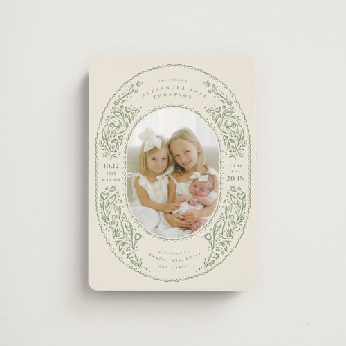 This is a sage birth announcement magnets with standard by Anastasia Makarova called bunnies and flowers printing on magnet paper in magnet