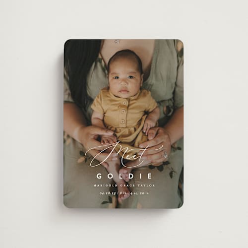 This is a linen birth announcement magnets with standard by Erica Krystek called modern meet printing on magnet paper in magnet