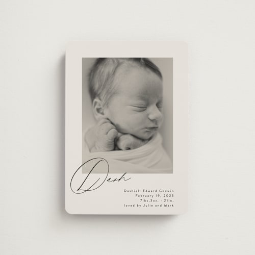 This is a vanilla birth announcement magnets with standard by Olivia Raufman called dashing printing on magnet paper in magnet
